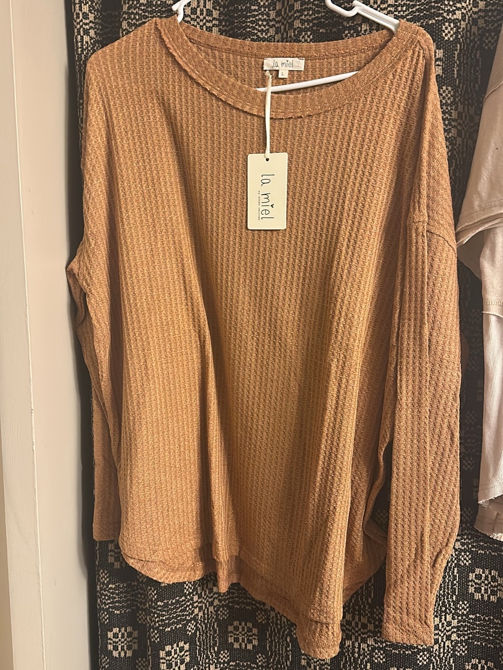 LA MIEL Waffle Knit Long Sleeve Top - Rust Brown